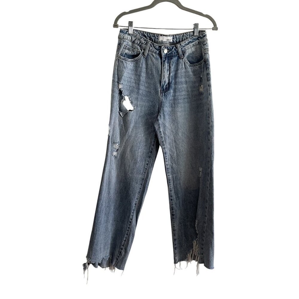 Vervet Women 27 Blue Denim Distressed Ripped High Rise Wide Leg Ankle Jeans
